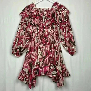 Beulah Style Womens Dress Pink Brown White S Ruffled Smocked Pullover Stunner